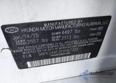 2015 Hyundai Sonata Se from USA, damaged, VIN 5NPE24AF2FH167322